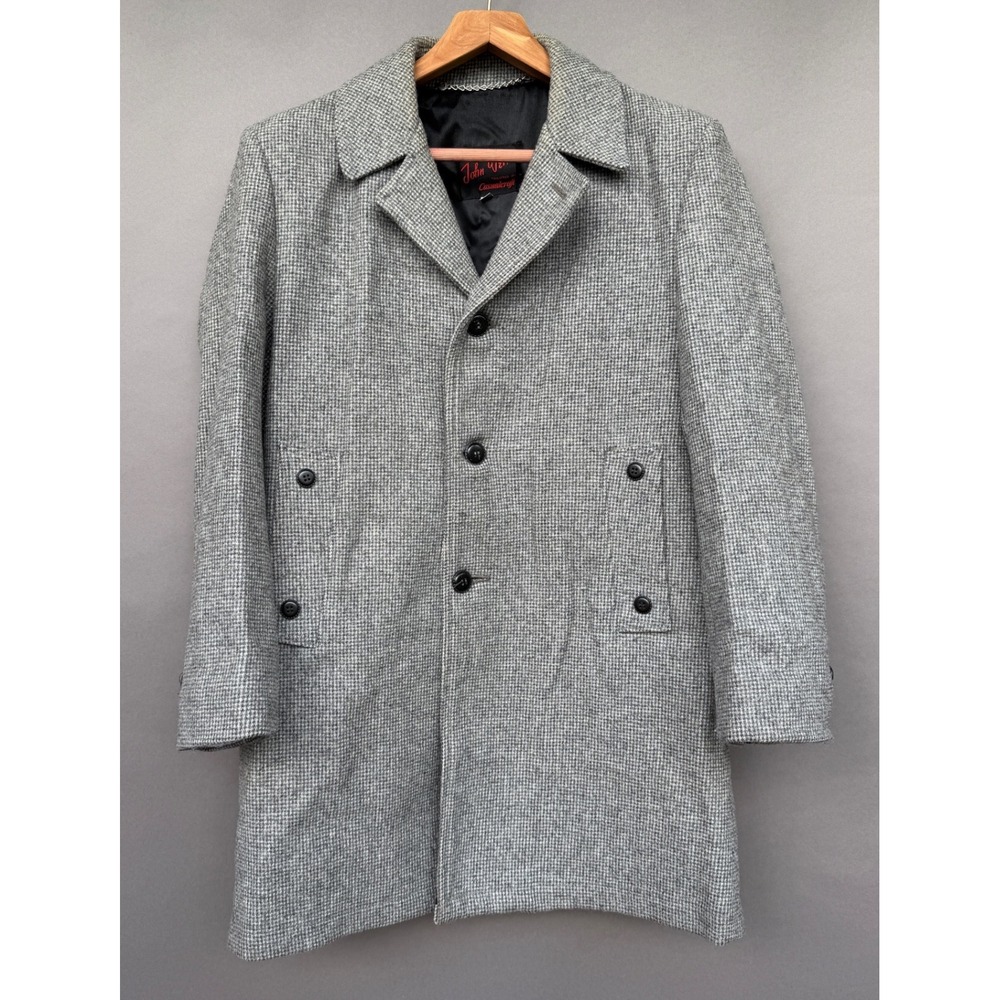 John Weitz Vintage Wool Overcoat 40R Grey Houndstooth Car Coat Winter Jacket